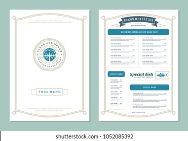 Seafood restaurant menu design and logo vector brochure template. Fish steak silhouette.