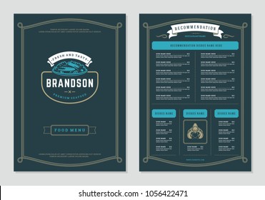 Seafood restaurant menu design and logo vector brochure template. Fish dish silhouette.