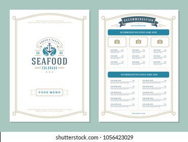 Seafood Restaurant Menu Design And Logo Vector Brochure Template. Fish Silhouette.