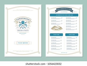 Seafood restaurant menu design and logo vector brochure template. Fish silhouette.