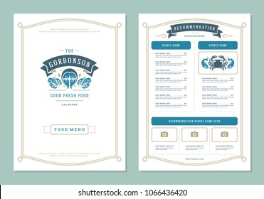 Seafood restaurant menu design and logo vector brochure template. Lobster silhouette.