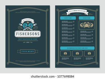 Seafood restaurant menu design and logo vector brochure template. Fish silhouette.