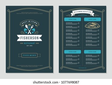 Seafood restaurant menu design and logo vector brochure template. Fish silhouette.