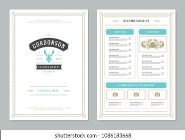 Seafood restaurant menu design and logo vector brochure template. Lobster silhouette.