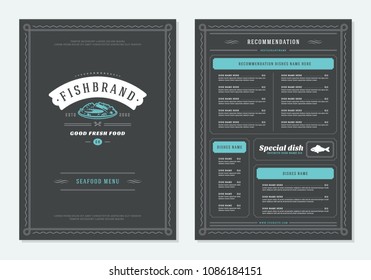 Seafood restaurant menu design and logo vector brochure template. Fish silhouette.