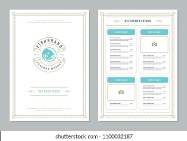 Seafood restaurant menu design and logo vector brochure template. Fish silhouette.