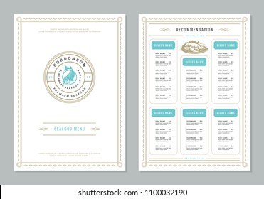 Seafood Restaurant Menu Design And Logo Vector Brochure Template. Fish Silhouette.