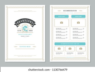 Seafood restaurant menu design and logo vector brochure template. Fish silhouette.