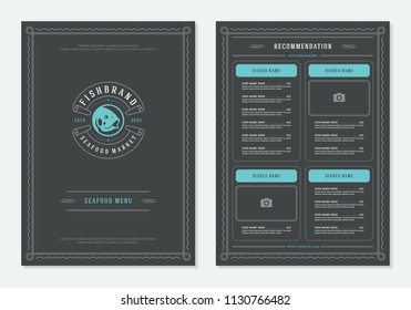 Seafood restaurant menu design and logo vector brochure template. Fish silhouette.