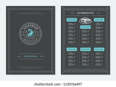Seafood restaurant menu design and logo vector brochure template. Fish silhouette.
