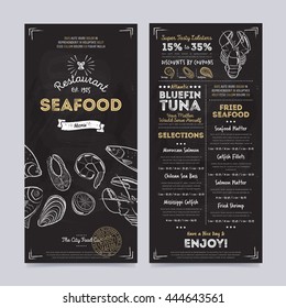 Seafood restaurant menu design template on chalkboard background vector illustration.