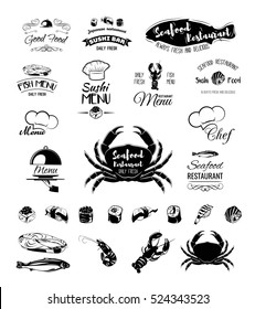 Seafood restaurant. The Menu Design.Labels and Badges food and drinks. Crab, Lobster, Shrimp, Salmon. Sushi and Rolls. Vector Illustration