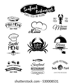 Seafood restaurant. The Menu Design.Labels and Badges food and drinks. Crab, Lobster, Shrimp, Salmon. Sushi and Rolls. Vector Illustration.