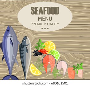 Seafood restaurant menu with fish, lemon slices, red and black caviar and green parsley and dill lying on wooden cutting board vector poster