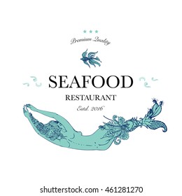 Seafood restaurant and seafood menu identity - Logo with mermaid with ornate tail. Vector Illustration