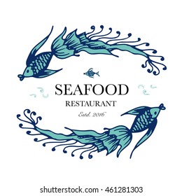 Seafood restaurant and seafood menu identity - Logo with two fish with ornate tails. Vector Illustration