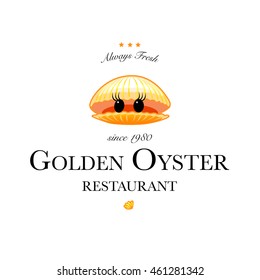 Seafood restaurant and seafood menu identity - Logo with cute golden oyster. Vector Illustration