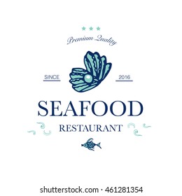 Seafood restaurant and seafood menu identity - Logo with sea shell and pearl. Vector Illustration