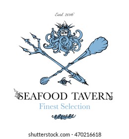 Seafood restaurant and seafood menu identity - Logo with God of Sea Poseidon and sea-style cutlery. Vector Illustration