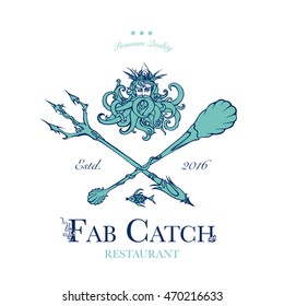 Seafood restaurant and seafood menu identity - Logo with God of Sea Poseidon and sea-style cutlery. Vector Illustration