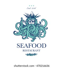 Seafood restaurant and seafood menu identity - Logo with God of Sea Poseidon. Vector Illustration