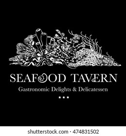 Seafood restaurant and seafood menu identity - Logo with coral reef and underwater flora. Corals, polyps, seaweed and deep water plants.  Vector Illustration