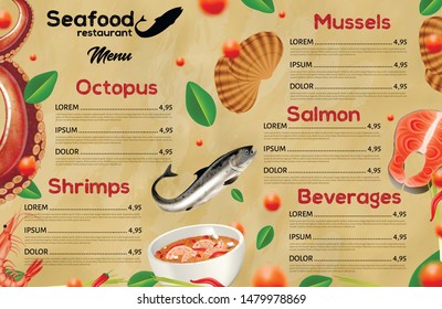 Seafood Restaurant Menu, Octopus, Mussels, Salmon, Shrimps, Beverages Price List, Delicacy Marine Tasty and Fresh Food Store Banner, Mediterranean Cuisine Flyer Design Realistic 3d Vector Illustration