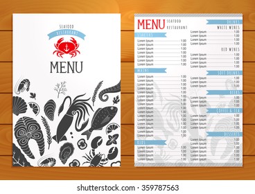 Seafood restaurant menu on wooden background. Vector template.