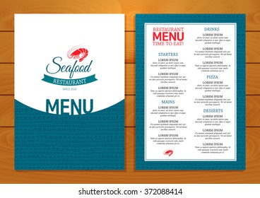 Seafood Restaurant Menu On Wooden Background. Vector Template.