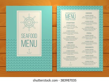 Seafood Restaurant Menu On Wooden Background. Unique Vector Template.