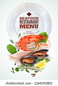 Menú de mariscos póster realista con camarones calamares hierbas frescas especias ingredientes de cóctel marino ilustración vectorial