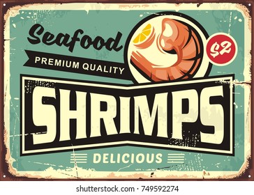 Seafood restaurant menu sign design with delicious shrimps. Seasonal Mediterranean cuisine promotional sign board. Food and restaurants theme. 