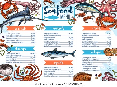 Seafood Restaurant Menu Sketch Cover, Sea Fish And Gourmet Food. Vector Shrimps, Crab Or Lobster Barbecue, Chef Recipe Salmon Steak, Squids And Octopus, Sardine And Dorada Grill Bar Menu