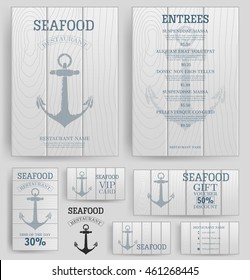 Seafood restaurant menu template. Anchor on the wooden board. Branding. Business card, flyer, vip card and gift voucher. Vector design.
