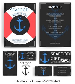 Seafood restaurant menu template. Anchor and lifeline.  Branding. Business card, flyer, vip card and gift voucher. Vector design.