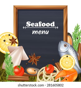 Seafood restaurant menu template with chalkboard and fish delicacy vector illustration