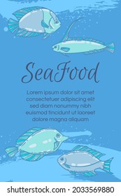 Seafood Restaurant Menu Template, Hand Drawn Vector Illustration. Fish Food In Sea Foam Wave Blue Graphic Mockup.