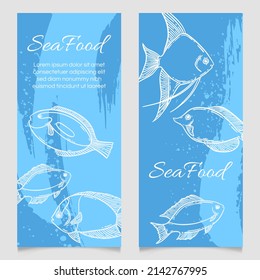 Seafood Restaurant Menu Template, Hand Drawn Vector Illustration. Fish Food In Sea Foam Wave Blue Graphic Mockup.