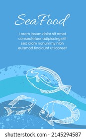 Seafood restaurant menu template, hand drawn vector illustration. Fish food in sea foam blue graphic mockup.