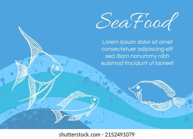 Plantilla del menú del restaurante de mariscos, ilustración vectorial a mano. Comida de pescado en la espuma marina maqueta azul gráfico maquillaje.