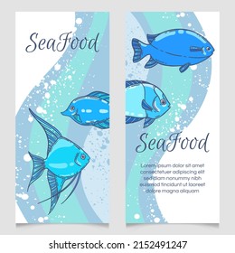 Plantilla del menú del restaurante de mariscos, ilustración vectorial a mano. Comida de pescado en espuma marina maquillaje gráfico en azul y blanco.