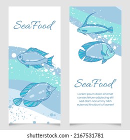 Seafood Restaurant Menu Template, Hand Drawn Vector Illustration. Fish Food In Sea Foam Graphic Mockup In Blue And White.