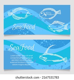 Seafood Restaurant Menu Template, Hand Drawn Vector Illustration. Fish Food In Sea Foam Blue Graphic Mockup.