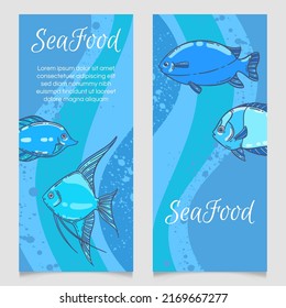 Seafood Restaurant Menu Template, Hand Drawn Vector Illustration. Fish Food In Sea Foam Blue Graphic Mockup.