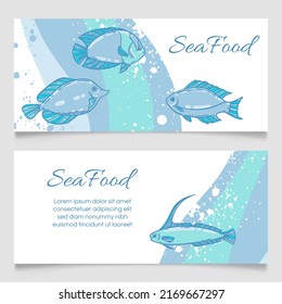 Seafood Restaurant Menu Template, Hand Drawn Vector Illustration. Fish Food In Sea Foam Graphic Mockup In Blue And White.