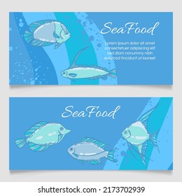 Seafood Restaurant Menu Template, Hand Drawn Vector Illustration. Fish Food In Sea Foam Blue Graphic Mockup.