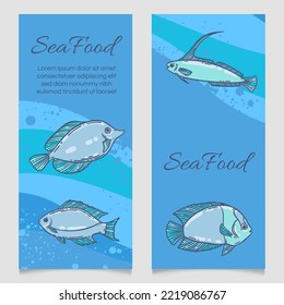 Seafood Restaurant Menu Template, Hand Drawn Vector Illustration. Fish Food In Sea Foam Blue Graphic Mockup.