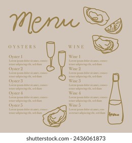 Seafood restaurant menu template with hand-drawn seafood delicacies. Sample design. Brand style vector illustration. Hand-drawn wine bottles, glasses, oyster shells and lemon vector illustration. 