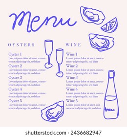 Seafood restaurant menu template with hand-drawn seafood delicacies. Sample design. Brand style vector illustration. Hand-drawn wine bottles, glasses, oyster shells and lemon vector illustration. 