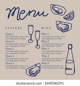 Seafood restaurant menu template with hand-drawn seafood delicacies. Sample design. Brand style vector illustration. Hand-drawn wine bottles, glasses, oyster shells and lemon vector illustration. 